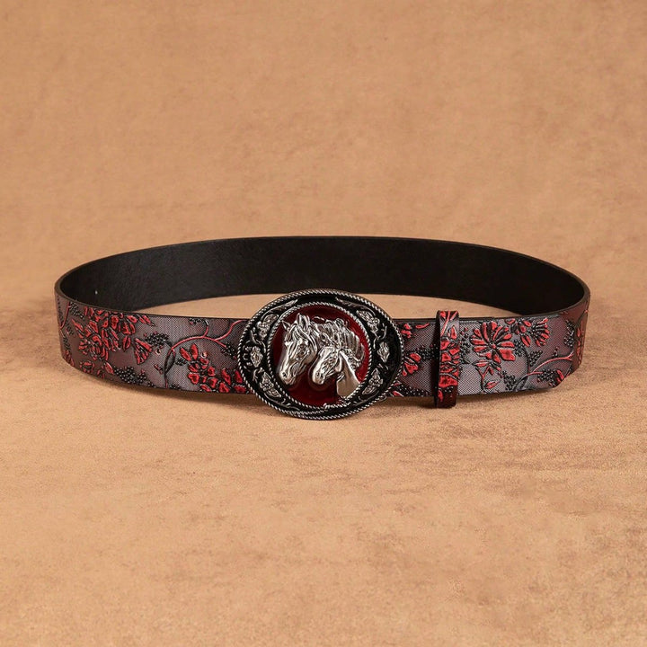 Women's Black And Red Double Horsehead Buckle Floral Belt - Double Horsehead - 42 - image 0