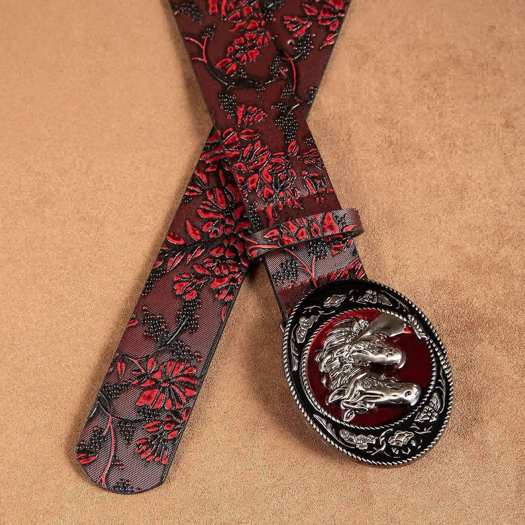 Women's Black And Red Double Horsehead Buckle Floral Belt - image 3