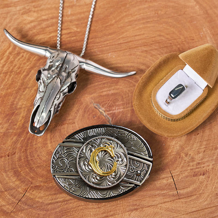 Initial Letter DIY Hidden Knife Belt Buckle Bull Head Pendant Ring Bundle Set - C - Without Belt - image 8