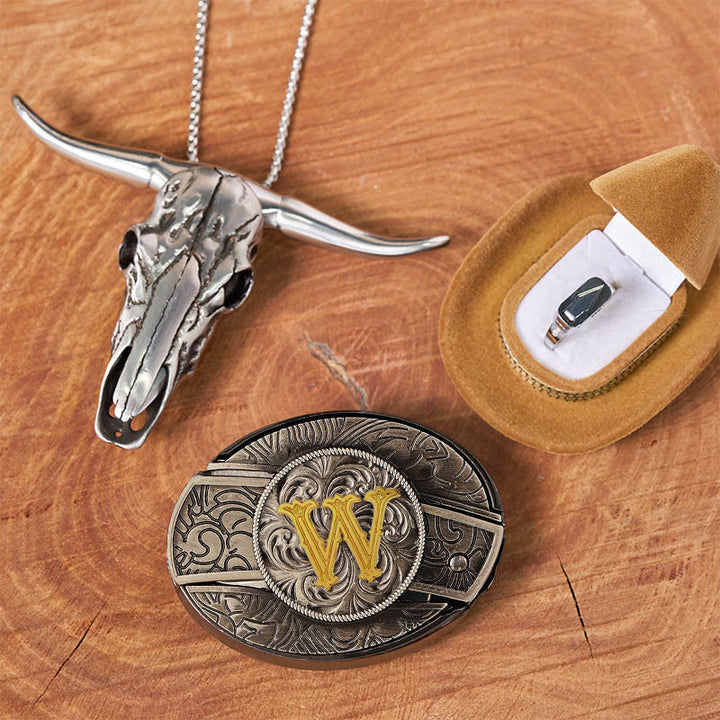 Initial Letter DIY Hidden Knife Belt Buckle Bull Head Pendant Ring Bundle Set - W - Without Belt - image 28