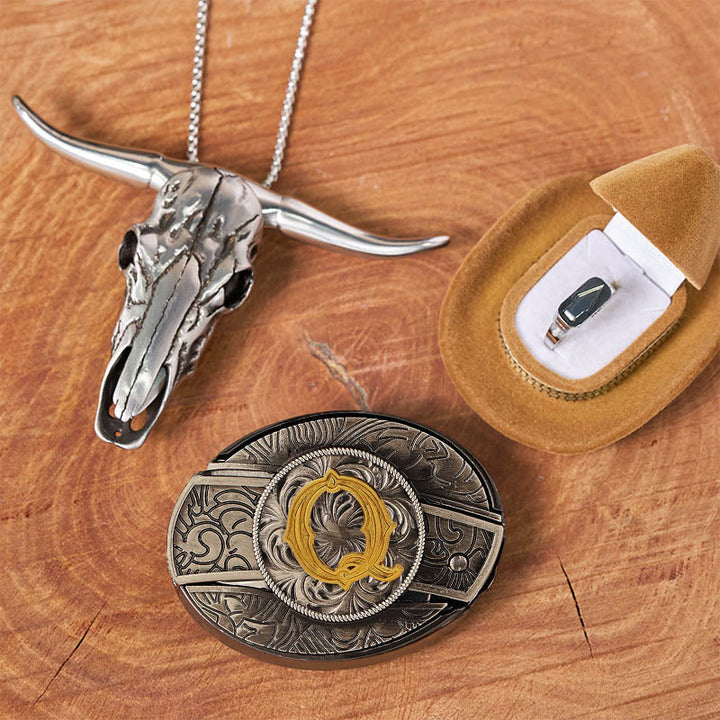 Initial Letter DIY Hidden Knife Belt Buckle Bull Head Pendant Ring Bundle Set - Q - Without Belt - image 22