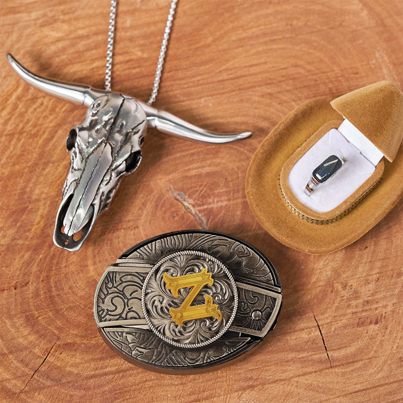 Initial Letter DIY Hidden Knife Belt Buckle Bull Head Pendant Ring Bundle Set - Z - Without Belt - image 31