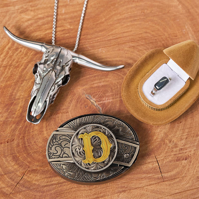 Initial Letter DIY Hidden Knife Belt Buckle Bull Head Pendant Ring Bundle Set - D - Without Belt - image 9