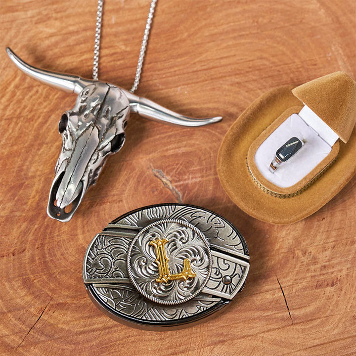 Initial Letter DIY Hidden Knife Belt Buckle Bull Head Pendant Ring Bundle Set - L - Without Belt - image 17