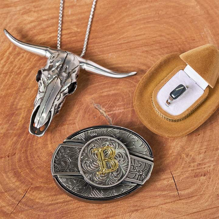 Initial Letter DIY Hidden Knife Belt Buckle Bull Head Pendant Ring Bundle Set - B - Without Belt - image 1