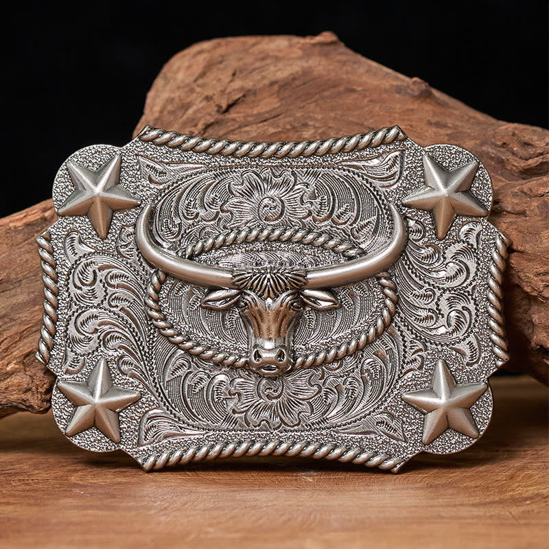 Men's Vintage Bull Head Relief Stars Buckle Leather Belt - Silver - Without Belt - Not Included Belt - image 2