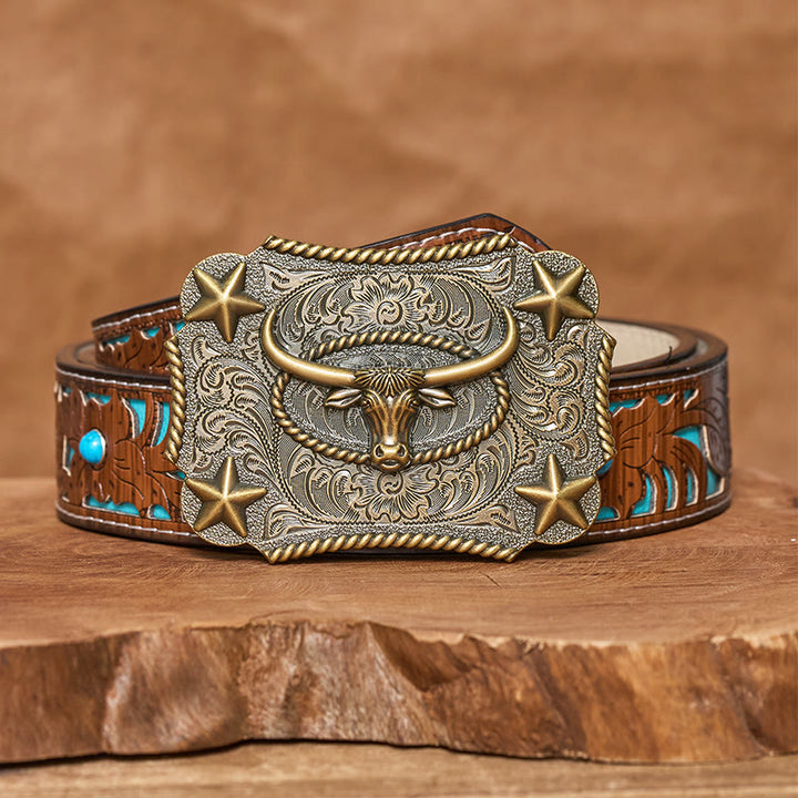 Men's Vintage Bull Head Relief Stars Buckle Leather Belt - Bronze - Turquoise Carved Belt - 42 - image 6