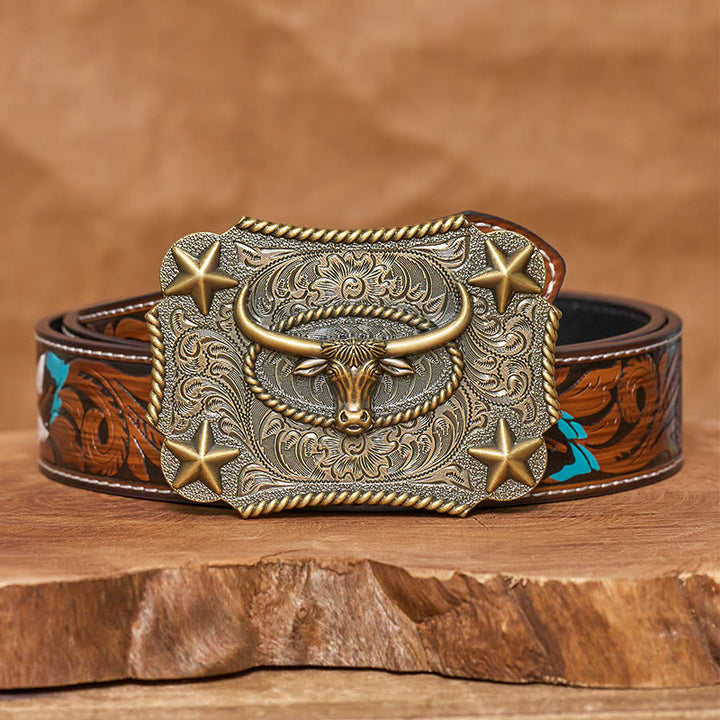Men's Vintage Bull Head Relief Stars Buckle Leather Belt - Bronze - Brown Feather Belt - 40 - image 14
