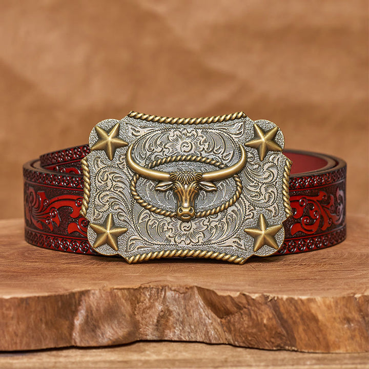 Men's Vintage Bull Head Relief Stars Buckle Leather Belt - Bronze - Brown Carved Belt - 42 - image 12