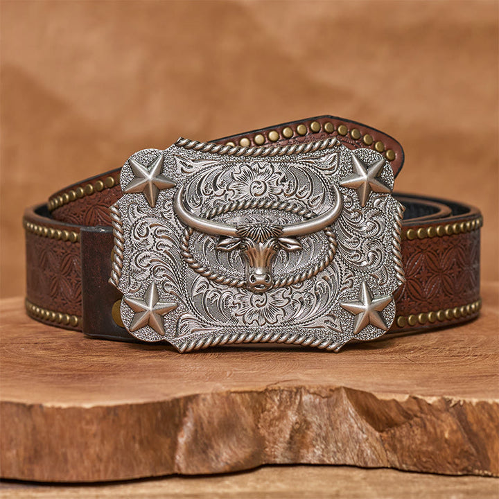 Men's Vintage Bull Head Relief Stars Buckle Leather Belt - Silver - Brown Rivet Belt - 42 - image 9