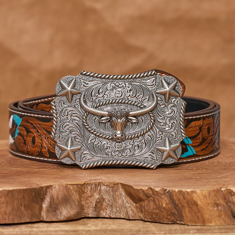 Men's Vintage Bull Head Relief Stars Buckle Leather Belt - Silver - Brown Feather Belt - 40 - image 15