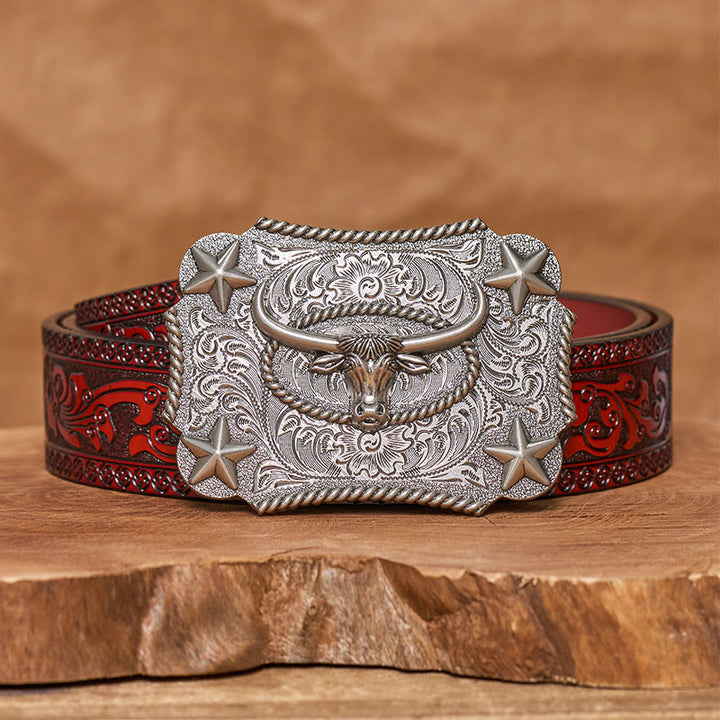 Men's Vintage Bull Head Relief Stars Buckle Leather Belt - Silver - Brown Carved Belt - 42 - image 13