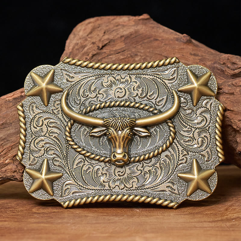 Men's Vintage Bull Head Relief Stars Buckle Leather Belt - Bronze - Without Belt - Not Included Belt - image 0