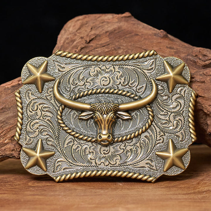 Men's Vintage Bull Head Relief Stars Buckle Leather Belt - Bronze - Without Belt - Not Included Belt - image 0