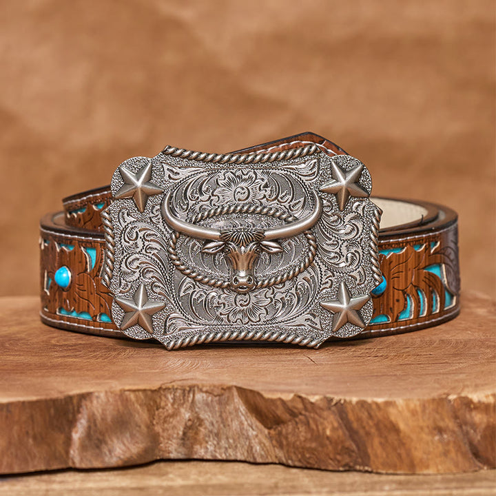 Men's Vintage Bull Head Relief Stars Buckle Leather Belt - Silver - Turquoise Carved Belt - 42 - image 7