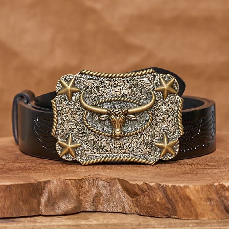 Men's Vintage Bull Head Relief Stars Buckle Leather Belt - Bronze - Black Embossed Eagle Belt - 42 - image 4