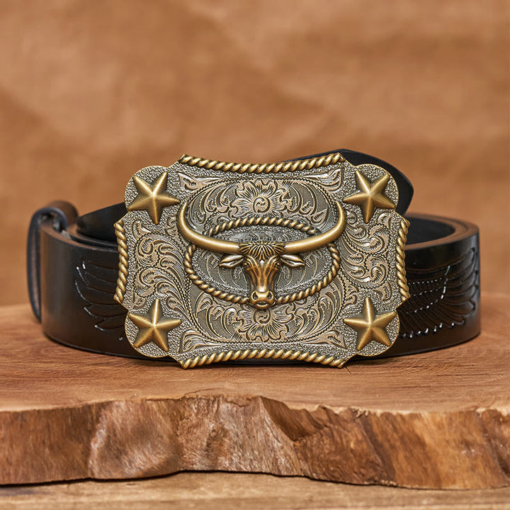 Men's Vintage Bull Head Relief Stars Buckle Leather Belt - Bronze - Black Embossed Eagle Belt - 42 - image 4