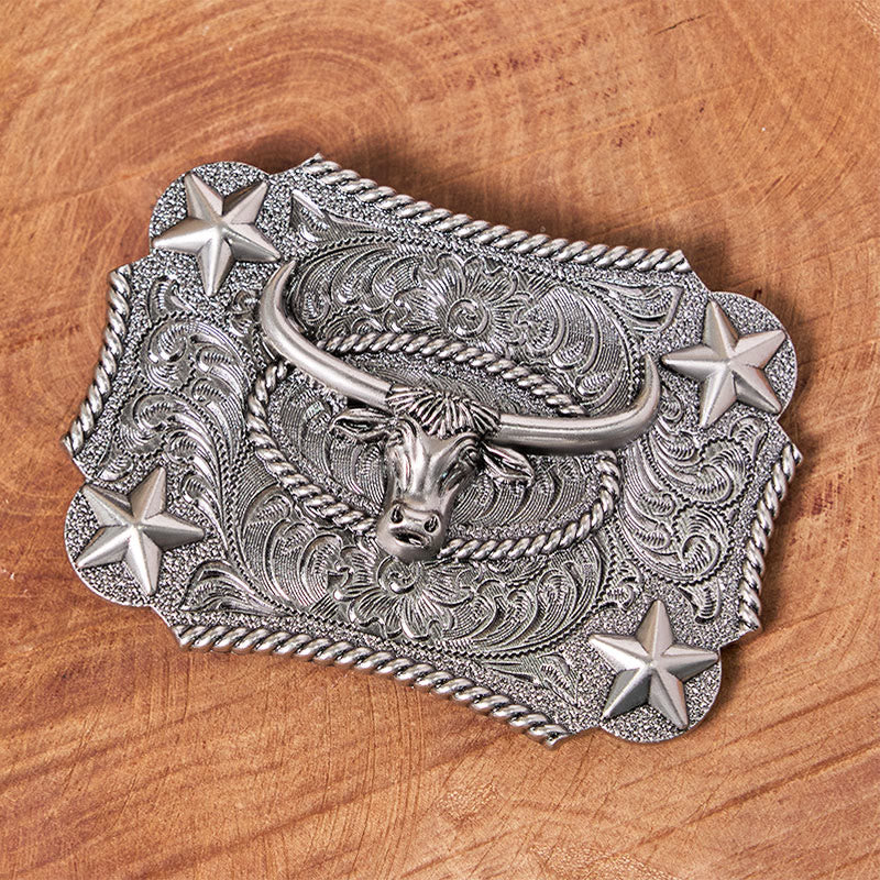Men's Vintage Bull Head Relief Stars Buckle Leather Belt - image 3