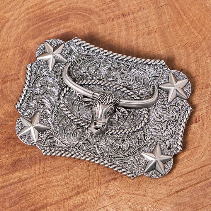 Men's Vintage Bull Head Relief Stars Buckle Leather Belt - image 3