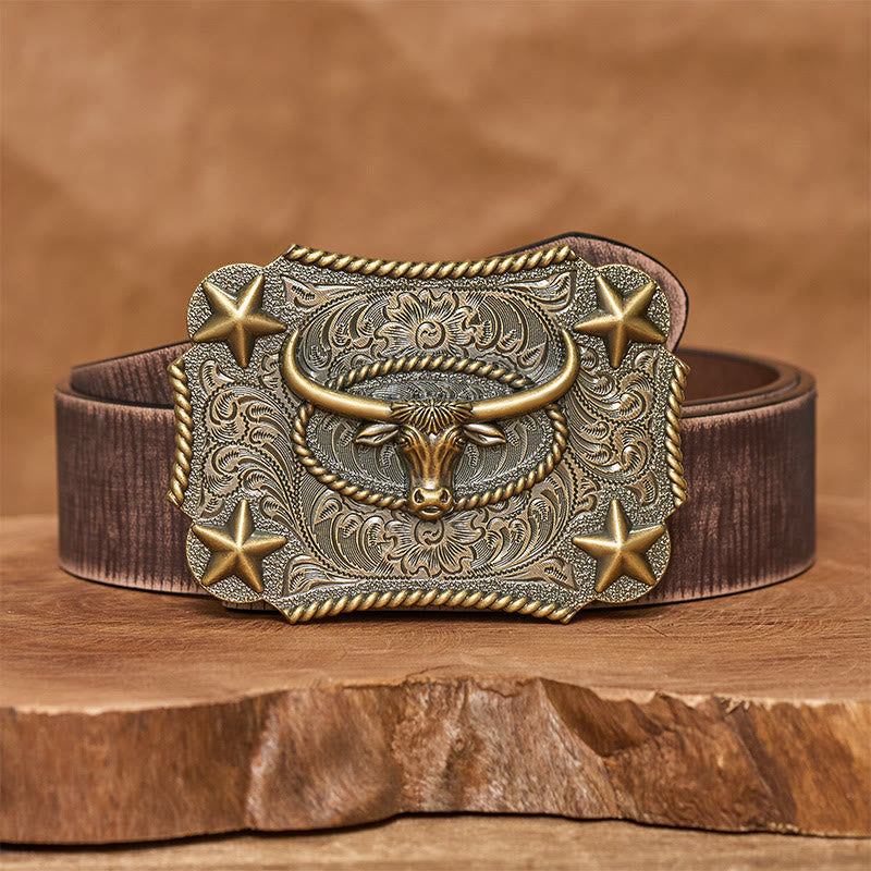 Men's Vintage Bull Head Relief Stars Buckle Leather Belt - Bronze - Brown Distressed Belt - 42 - image 10