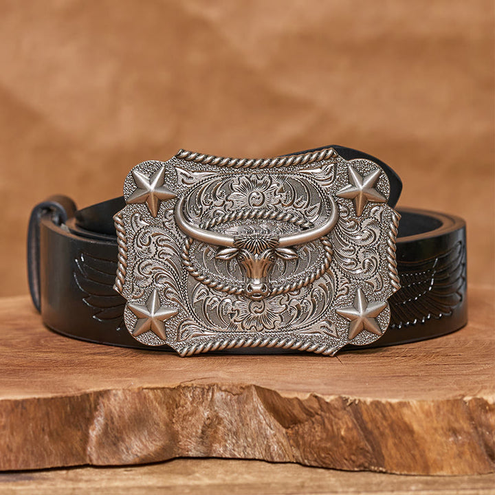 Men's Vintage Bull Head Relief Stars Buckle Leather Belt - Silver - Black Embossed Eagle Belt - 42 - image 5