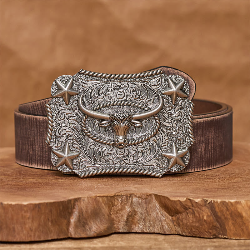Men's Vintage Bull Head Relief Stars Buckle Leather Belt - Silver - Brown Distressed Belt - 42 - image 11