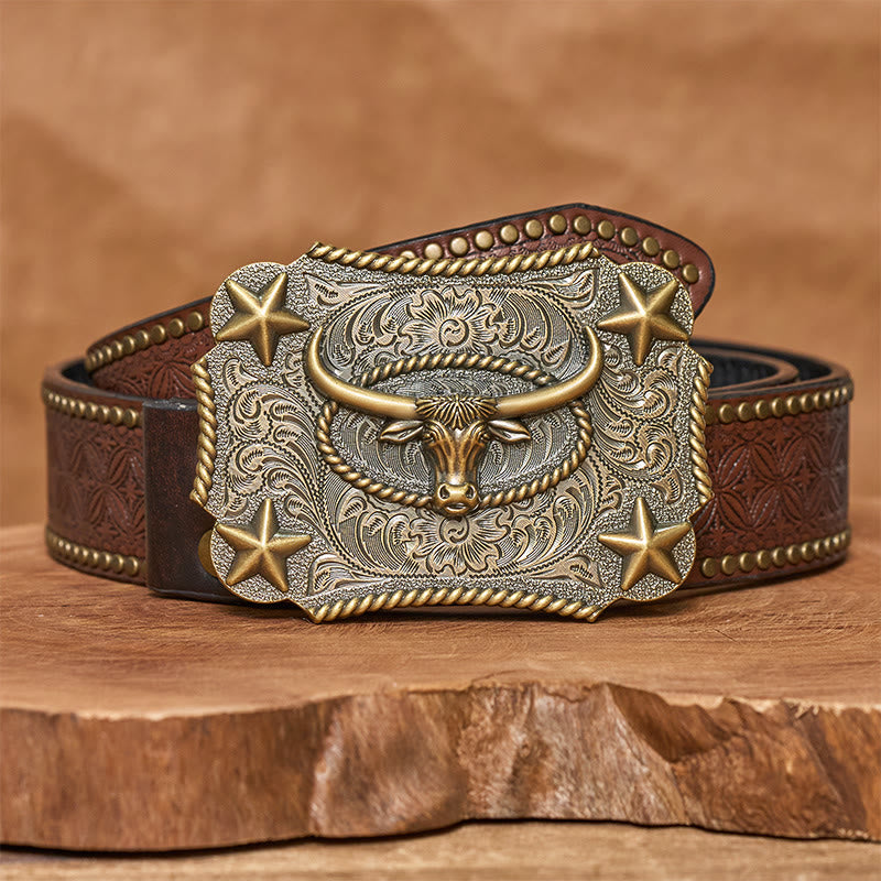 Men's Vintage Bull Head Relief Stars Buckle Leather Belt - Bronze - Brown Rivet Belt - 42 - image 8