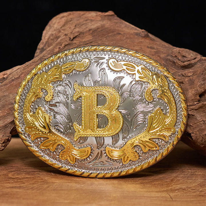 Men's Oval Golden Carved Letter Buckle Leather Belt - B - Without Belt - image 0