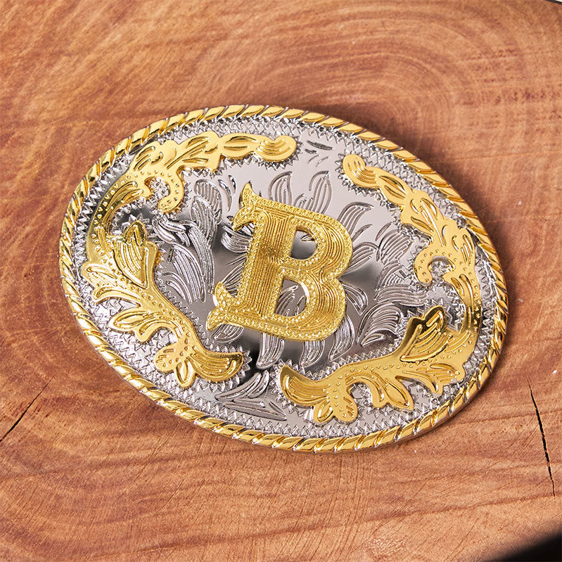 Men's Oval Golden Carved Letter Buckle Leather Belt - image 1