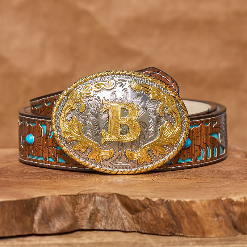 Men's Oval Golden Carved Letter Buckle Leather Belt - image 6