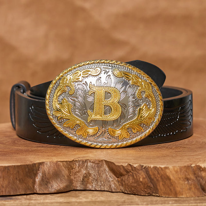 Men's Oval Golden Carved Letter Buckle Leather Belt - image 4