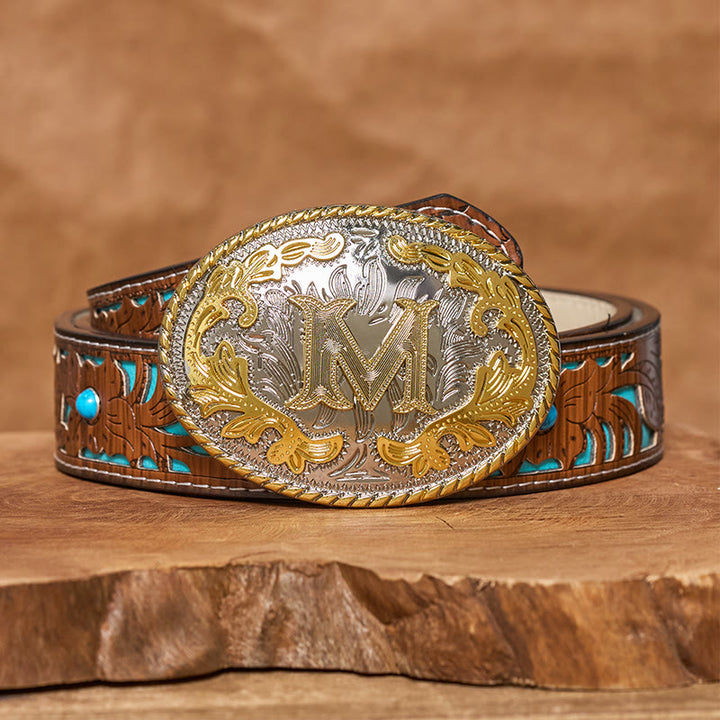 Men's Oval Golden Carved Letter Buckle Leather Belt - image 7