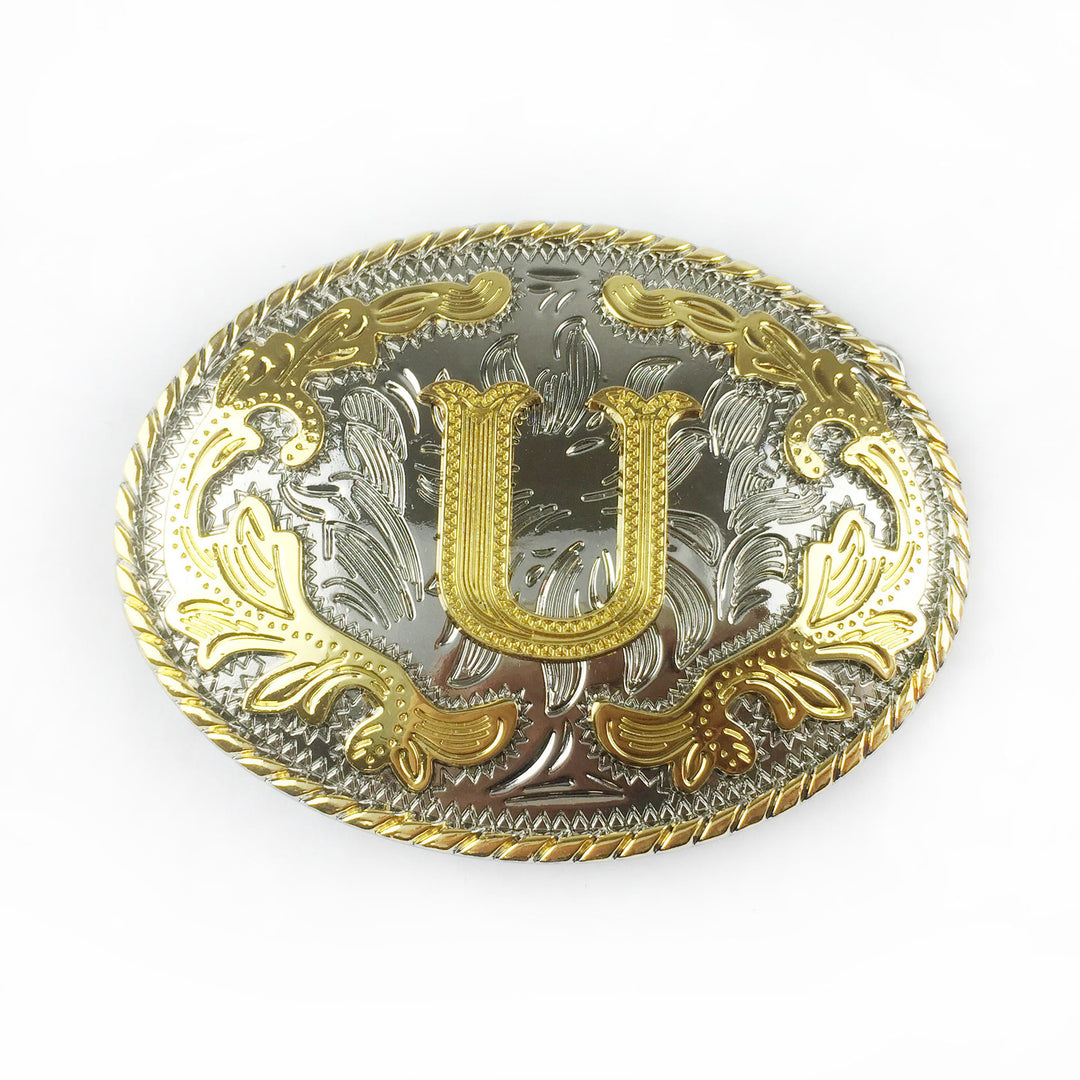 Men's Oval Golden Carved Letter Buckle Leather Belt - U - Without Belt - image 22