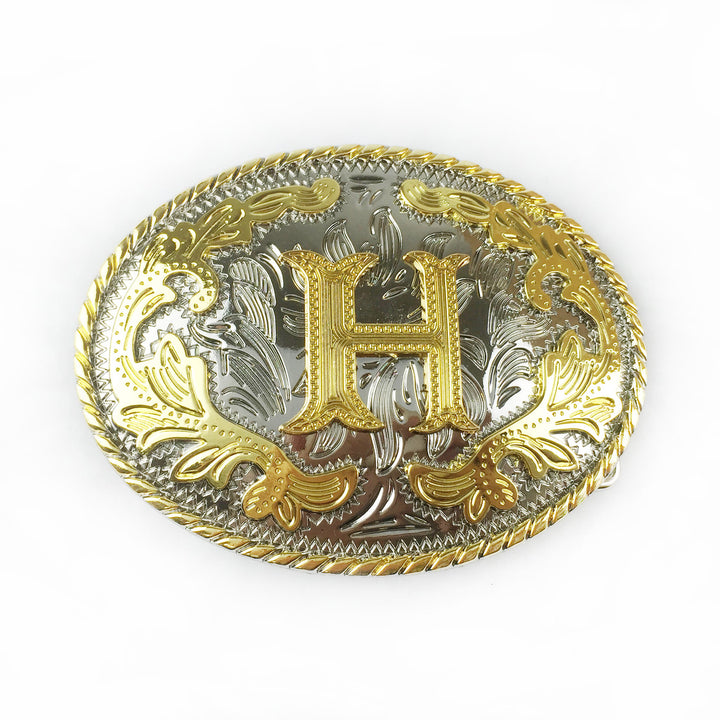 Men's Oval Golden Carved Letter Buckle Leather Belt - H - Without Belt - image 15