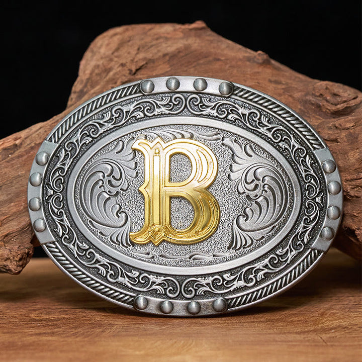 Men's Silver Black Oval Golden Letter Buckle Leather Belt - B - Without Belt - image 0