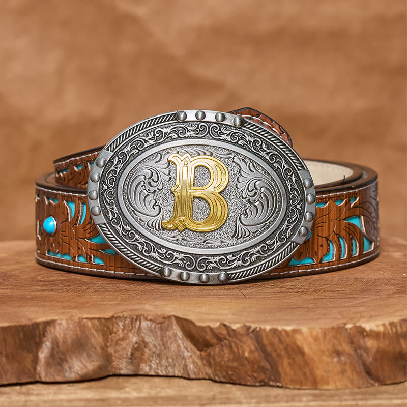 Men's Silver Black Oval Golden Letter Buckle Leather Belt - B - Turquoise Carved Belt (40) - image 6