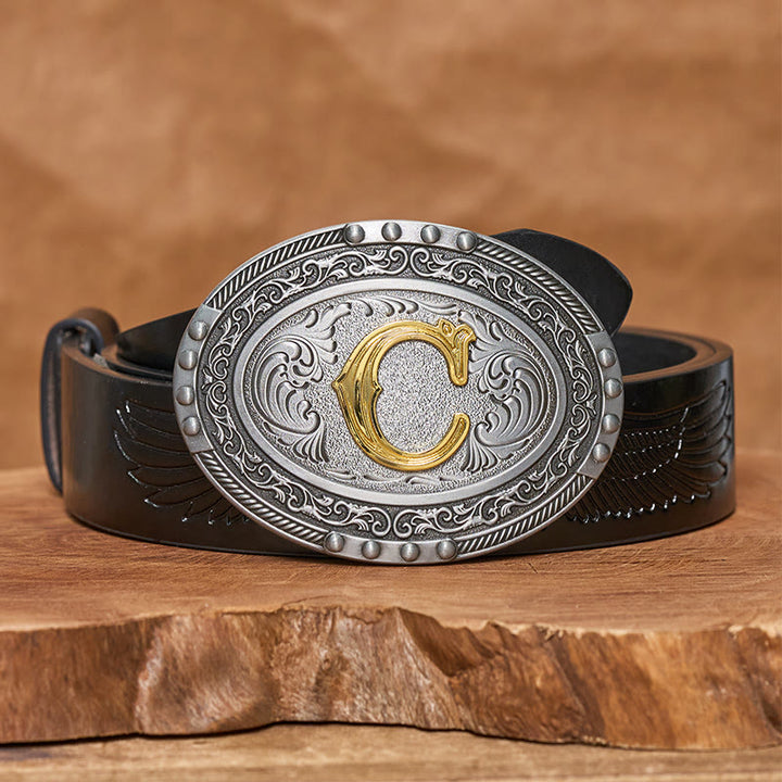 Men's Silver Black Oval Golden Letter Buckle Leather Belt - C - Black PU Leather Belt (40) - image 5