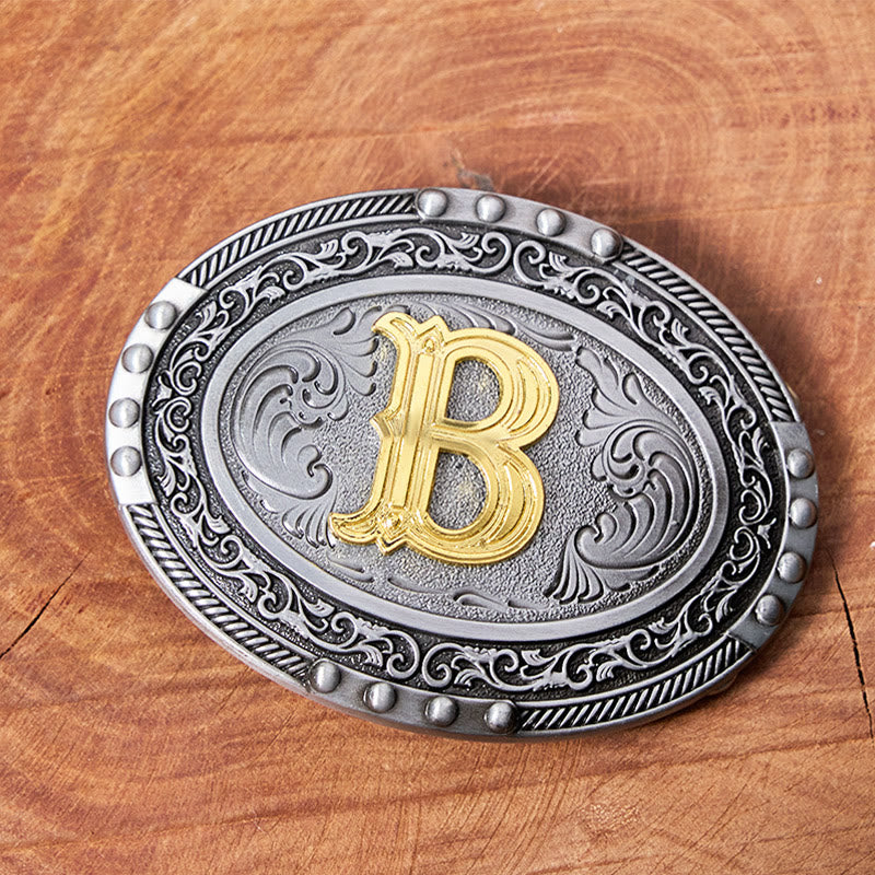 Men's Silver Black Oval Golden Letter Buckle Leather Belt - image 1
