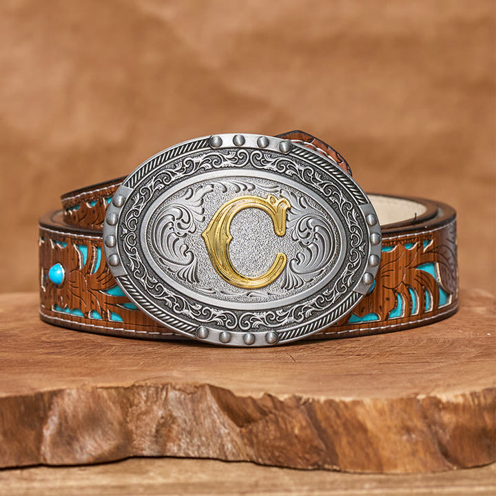 Men's Silver Black Oval Golden Letter Buckle Leather Belt - C - Turquoise Carved Belt (40) - image 7
