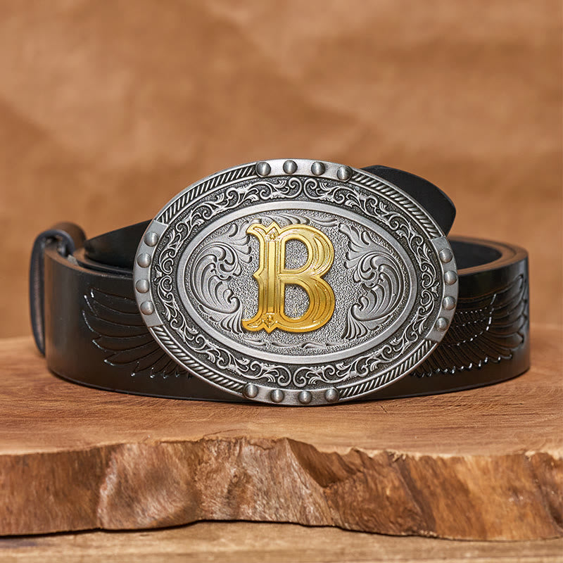 Men's Silver Black Oval Golden Letter Buckle Leather Belt - B - Black PU Leather Belt (40) - image 4