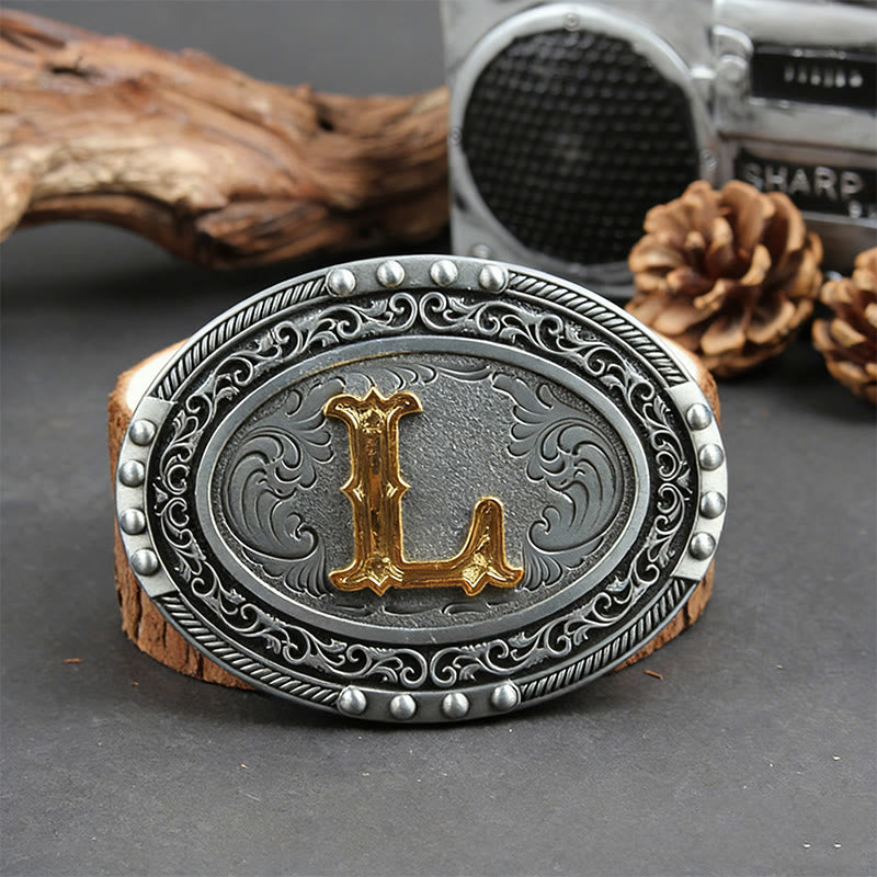 Men's Silver Black Oval Golden Letter Buckle Leather Belt - L - Without Belt - image 19