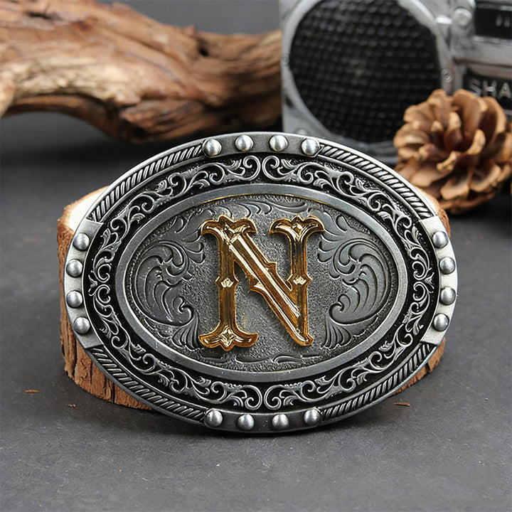 Men's Silver Black Oval Golden Letter Buckle Leather Belt - N - Without Belt - image 21