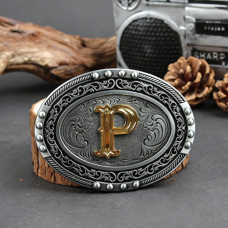 Men's Silver Black Oval Golden Letter Buckle Leather Belt - P - Without Belt - image 23
