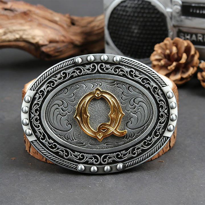 Men's Silver Black Oval Golden Letter Buckle Leather Belt - Q - Without Belt - image 24