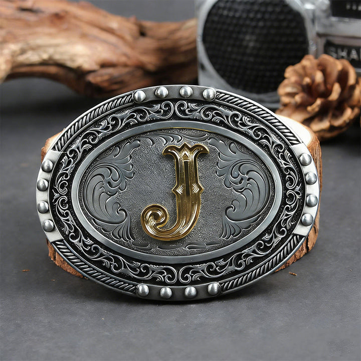 Men's Silver Black Oval Golden Letter Buckle Leather Belt - J - Without Belt - image 17