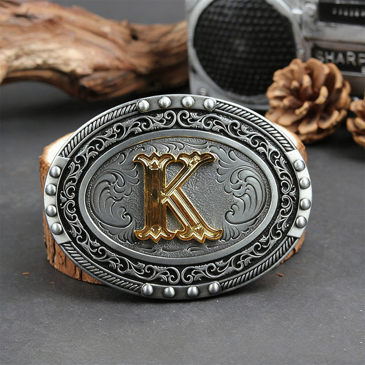 Men's Silver Black Oval Golden Letter Buckle Leather Belt - K - Without Belt - image 18