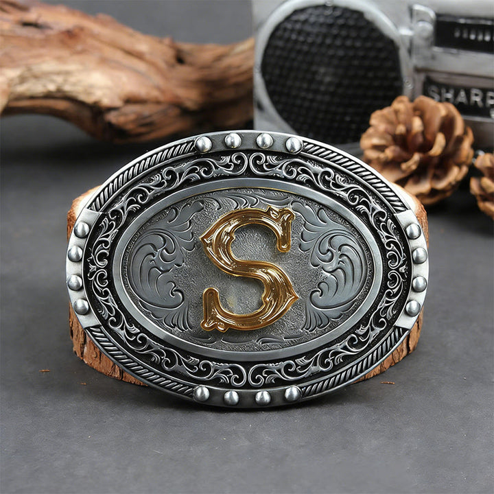 Men's Silver Black Oval Golden Letter Buckle Leather Belt - S - Without Belt - image 26