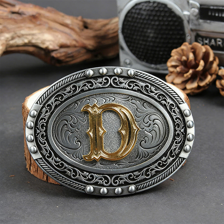 Men's Silver Black Oval Golden Letter Buckle Leather Belt - D - Without Belt - image 11