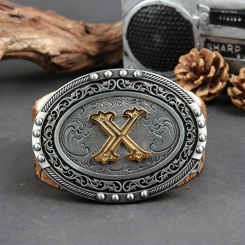 Men's Silver Black Oval Golden Letter Buckle Leather Belt - X - Without Belt - image 31
