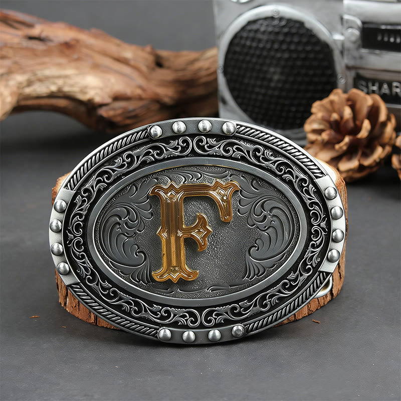 Men's Silver Black Oval Golden Letter Buckle Leather Belt - F - Without Belt - image 13